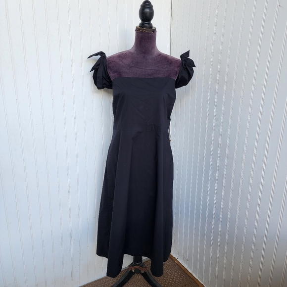 Ann Taylor Dresses & Skirts - Ann Taylor Off Shoulder SMOCKED Back A-Line DRESS Black Short Sleeve Tie Sz 14